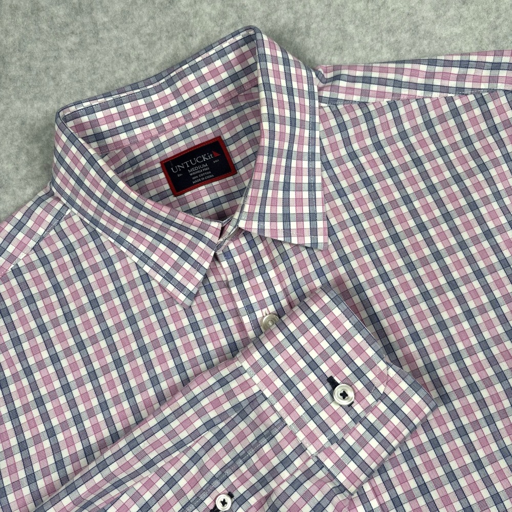 UNTUCKIT Men's Medium Wrinkle Free Pink Blue Plaid Button Up Shirt Long Sleeve